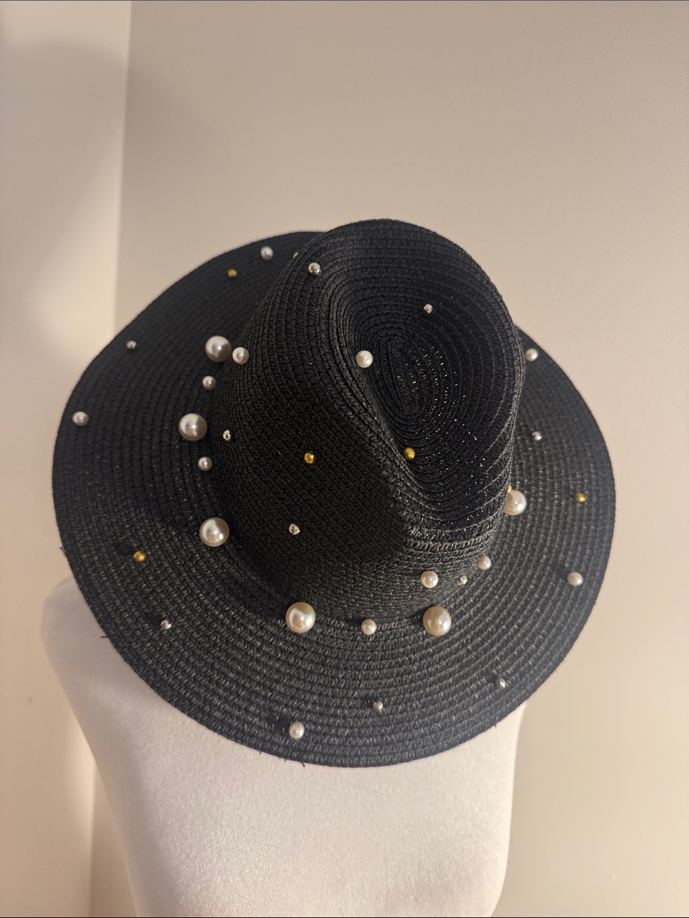 Black Pearl-Stud Straw Fedora Wide Brim Hat - Women's Chic Accessory